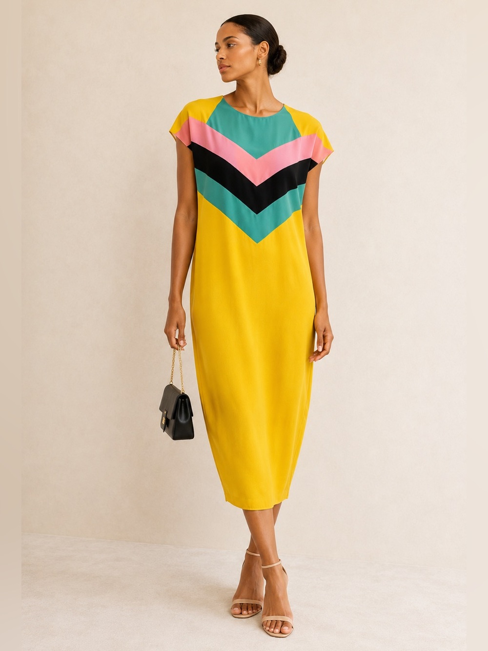Vintage Perle Silk Chevron Colorblock Midi Dress Yellow Graphic Size M